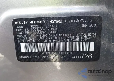 2017 Mitsubishi Mirage Es из США, поврежденный, VIN ML32A3HJ6HH014490